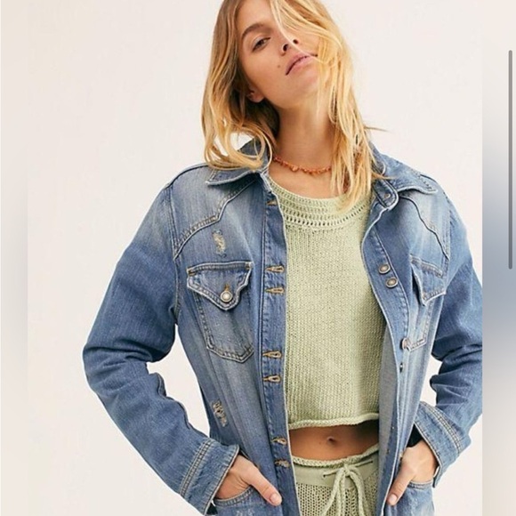 Free People Moonchild Distressed Oversized Denim Shacket Jacket In Indigo Blue - Picture 2 of 15